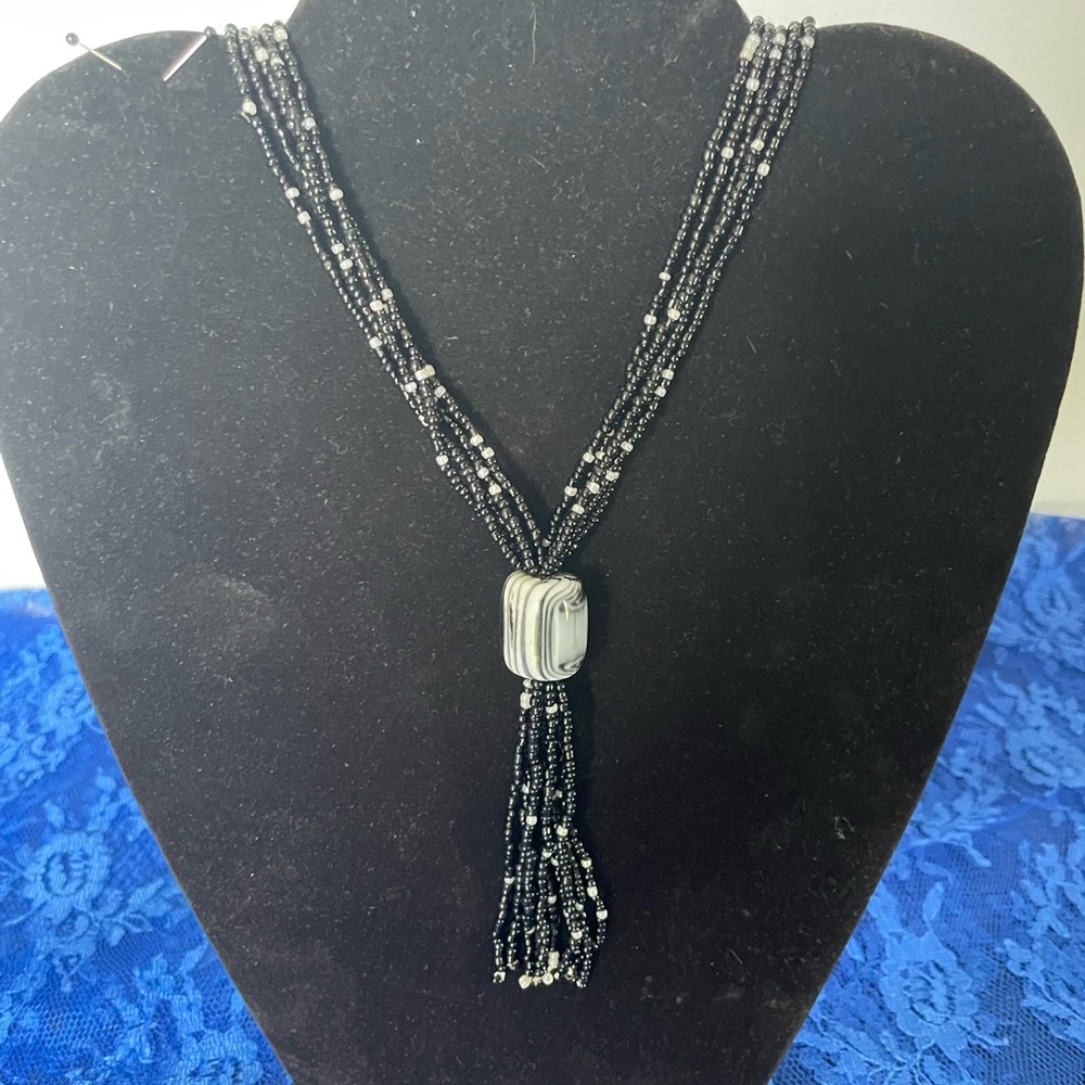 Black and White Beaded Tassel Necklace